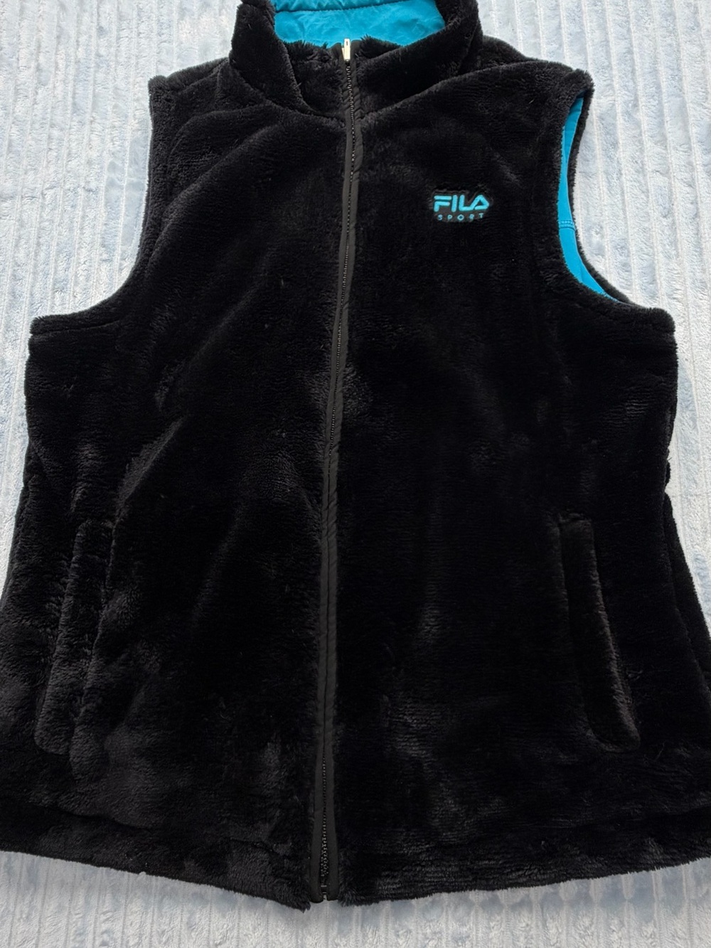 FILA Black Faux Fur Vest with Teal Blue Lining